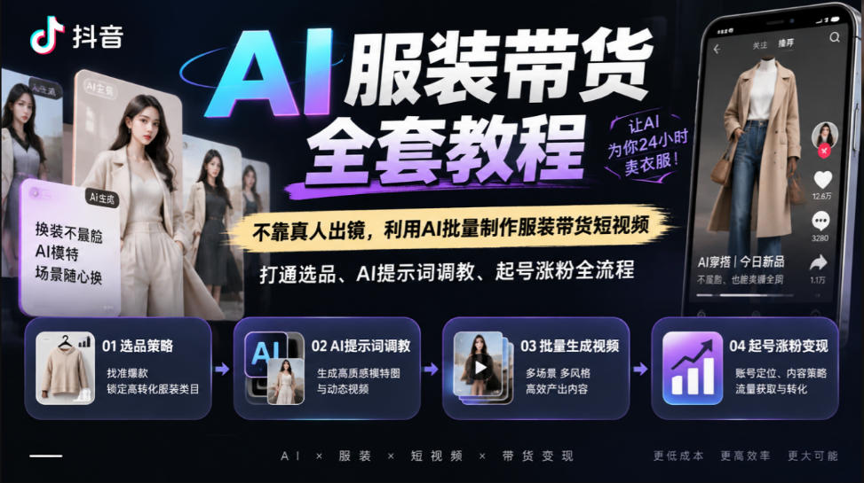 抖音AI服装带货全套教程,不靠真人出镜,利用AI批量制作服装带货短视频,打通选品、AI提示词调教、起号涨粉全流程采购|汽车产业|汽车配件|机加工企业家交流社群中心
