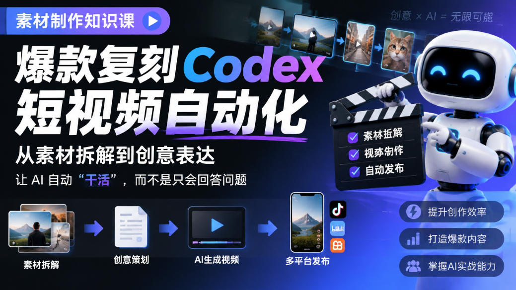 素材制作知识课，爆款复刻Codex短视频自动化，从素材拆解到创意表达，让AI自动“干活”，而不是只会回答问题采购|汽车产业|汽车配件|机加工企业家交流社群中心