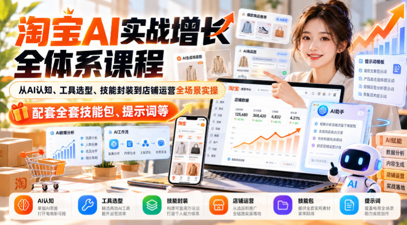 淘宝AI实战增长全体系课程,从AI认知、工具选型、技能封装到店铺运营全场景实操,配套全套技能包、提示词等采购|汽车产业|汽车配件|机加工企业家交流社群中心