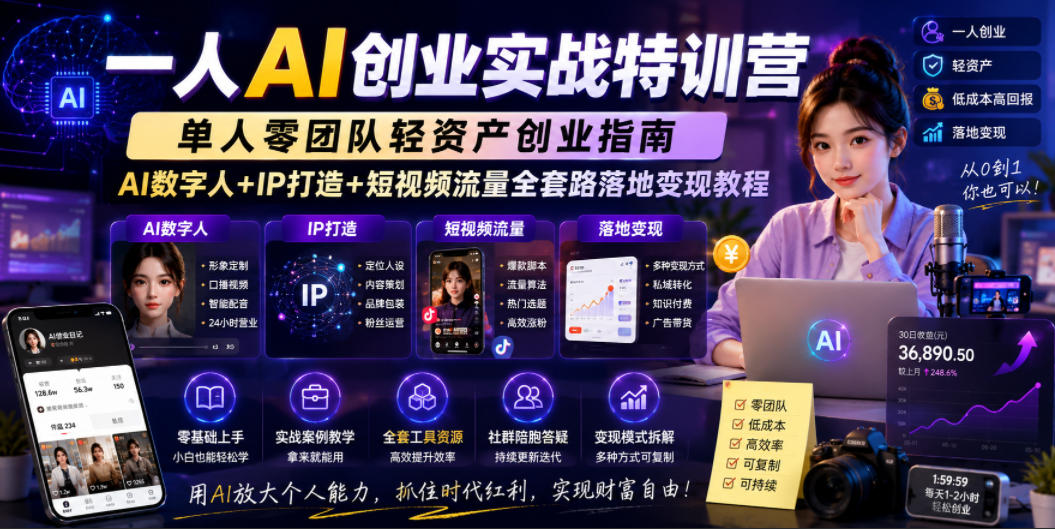 一人AI创业实战特训营，单人零团队轻资产创业指南，AI数字人+IP打造+短视频流量全套路落地变现教程采购|汽车产业|汽车配件|机加工企业家交流社群中心