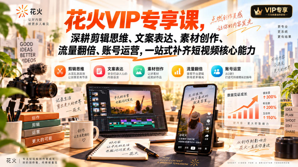 花火VIP专享课，深耕剪辑思维、文案表达、素材创作、流量翻倍、账号运营，一站式补齐短视频核心能力采购|汽车产业|汽车配件|机加工企业家交流社群中心