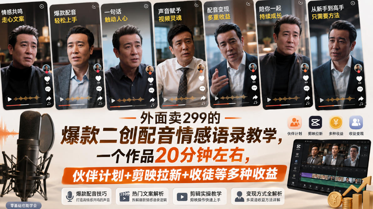 外面卖299的爆款二创配音情感语录教学,一个作品20分钟左右,伙伴计划+剪映拉新+收徒等多种收益采购|汽车产业|汽车配件|机加工企业家交流社群中心