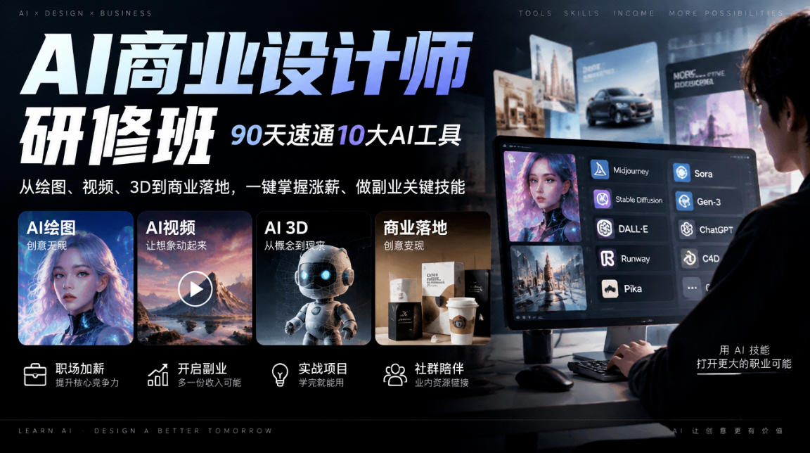 AI商业设计师研修班，90天速通10大AI工具，从绘图、视频、3D到商业落地，一键掌握涨薪、做副业关键技能采购|汽车产业|汽车配件|机加工企业家交流社群中心