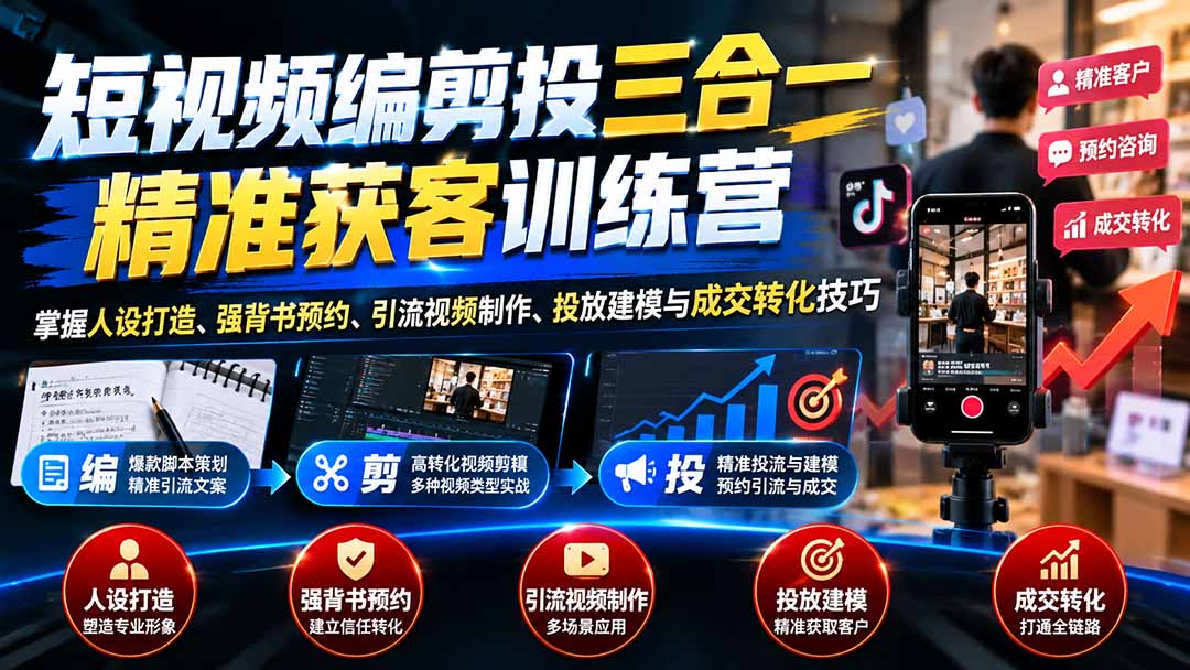 短视频编剪投三合一精准获客训练营：掌握人设打造、强背书预约、引流视频制作、投放建模与成交转化技巧采购|汽车产业|汽车配件|机加工企业家交流社群中心