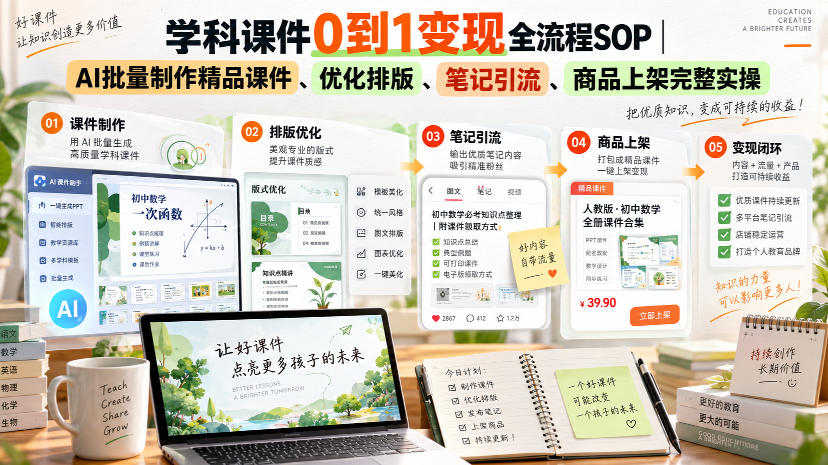 学科课件0到1变现全流程SOP｜AI批量制作精品课件、优化排版、笔记引流、商品上架完整实操​采购|汽车产业|汽车配件|机加工企业家交流社群中心