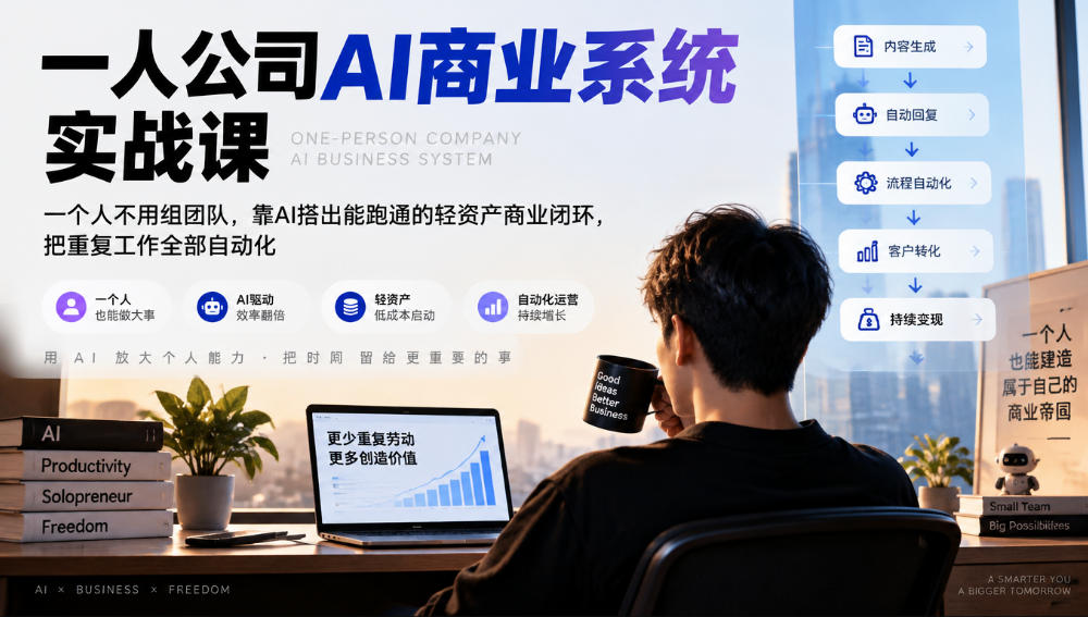 一人公司AI商业系统实战课，一个人不用组团队，靠AI搭出能跑通的轻资产商业闭环，把重复工作全部自动化采购|汽车产业|汽车配件|机加工企业家交流社群中心