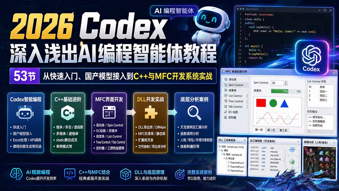 2026 Codex深入浅出AI编程智能体教程：53节从快速入门、国产模型接入到C++与MFC开发系统实战采购|汽车产业|汽车配件|机加工企业家交流社群中心