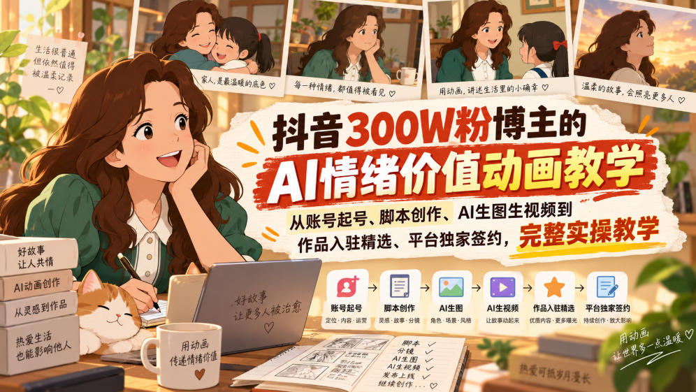 抖音300W粉博主的AI情绪价值动画教学，从账号起号、脚本创作、AI生图生视频到作品入驻精选、平台独家签约，完整实操采购|汽车产业|汽车配件|机加工企业家交流社群中心