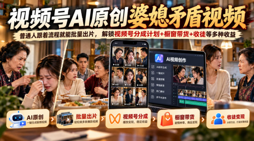 视频号ai原创婆媳矛盾视频,普通人跟着流程就能批量出片,解锁视频号分成计划+橱窗带货+收徒等多种收益采购|汽车产业|汽车配件|机加工企业家交流社群中心
