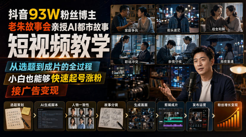 抖音93W粉丝博主老朱故事会亲授AI都市故事短视频教学,从选题到成片的全过程,小白也能够快速起号涨粉接广告变现采购|汽车产业|汽车配件|机加工企业家交流社群中心