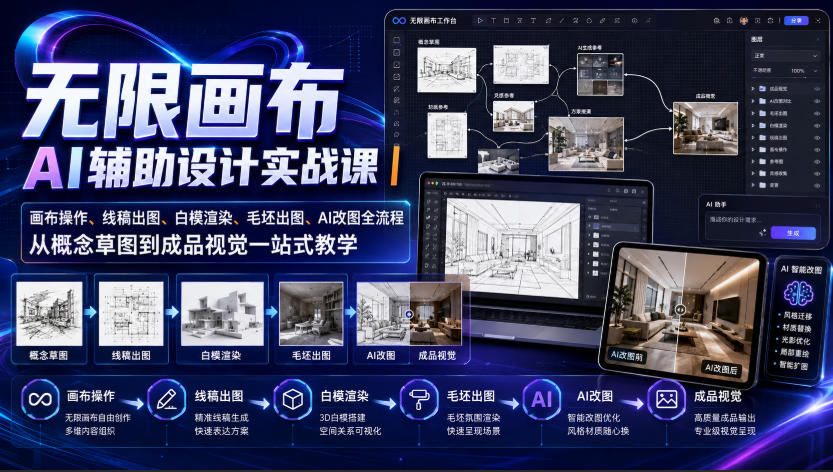 无限画布AI辅助设计实战课|画布操作、线稿出图、白模渲染、毛坯出图、AI改图全流程,从概念草图到成品视觉一站式教学采购|汽车产业|汽车配件|机加工企业家交流社群中心