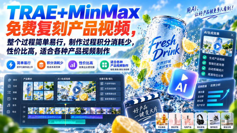 TRAE+MinMax免费复刻产品视频，整个过程简单易行，制作过程积分消耗少，性价比高，适合各种产品视频制作采购|汽车产业|汽车配件|机加工企业家交流社群中心