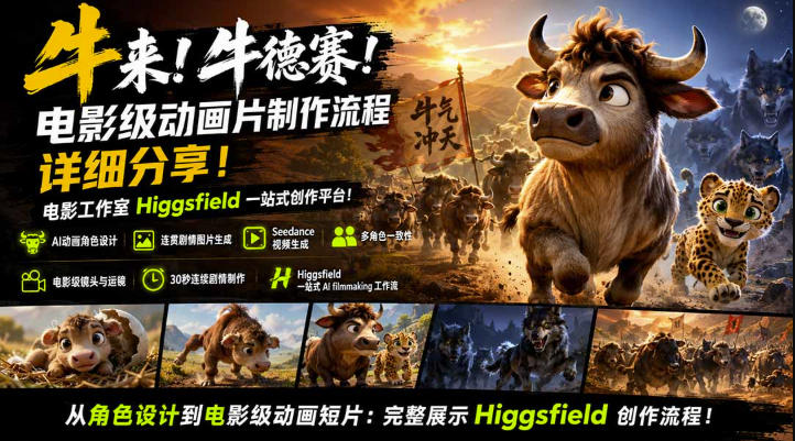 牛来!牛德赛!电影级动画片制作流程详细分享!电影工作室Higgsfield一站式创作平台,完整创作流程采购|汽车产业|汽车配件|机加工企业家交流社群中心