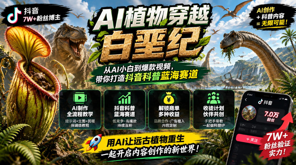 抖音7W粉丝博主的AI植物穿越白垩纪教学，抖音科普蓝海赛道，解锁商单收徒伙伴计划等多种收益采购|汽车产业|汽车配件|机加工企业家交流社群中心