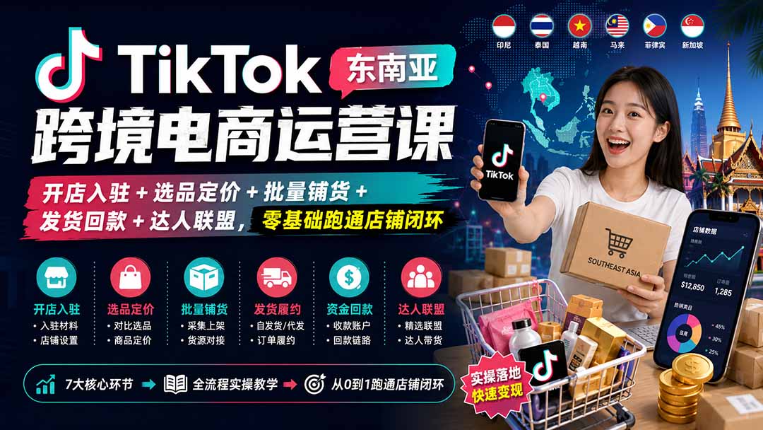 TikTok东南亚跨境电商运营课：开店入驻+选品定价+批量铺货+发货回款+达人联盟，零基础跑通店铺闭环采购|汽车产业|汽车配件|机加工企业家交流社群中心