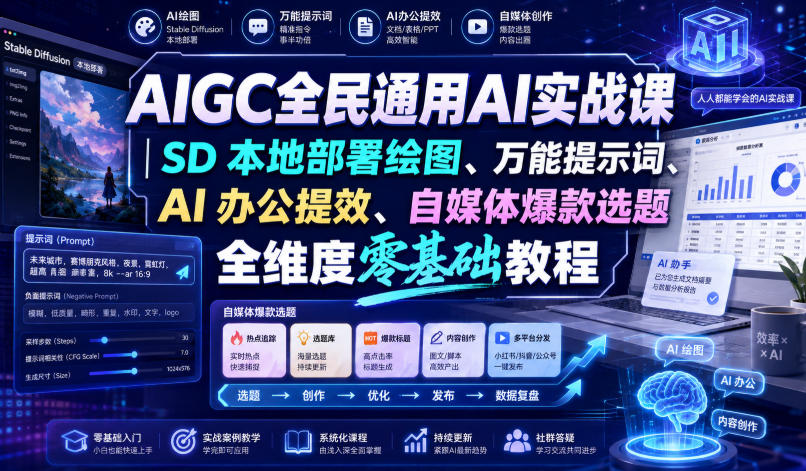 AIGC全民通用AI实战课|SD本地部署绘图、万能提示词、AI办公提效、自媒体爆款选题全维度零基础教程采购|汽车产业|汽车配件|机加工企业家交流社群中心