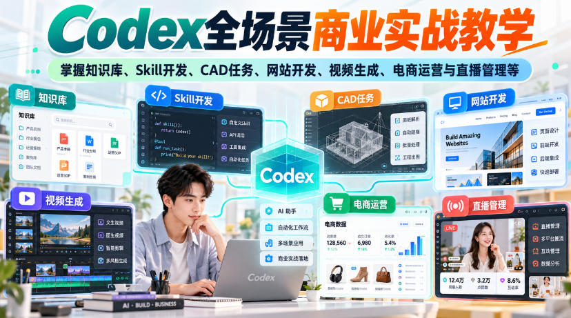 【无水印】Codex全场景商业实战教学，掌握知识库、Skill开发、CAD任务、网站开发、视频生成、电商运营与直播管理等采购|汽车产业|汽车配件|机加工企业家交流社群中心