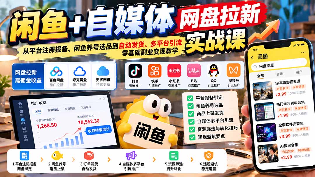 闲鱼+自媒体网盘拉新实战课：从平台注册报备、闲鱼养号选品到自动发货、多平台引流，零基础副业变现教学采购|汽车产业|汽车配件|机加工企业家交流社群中心