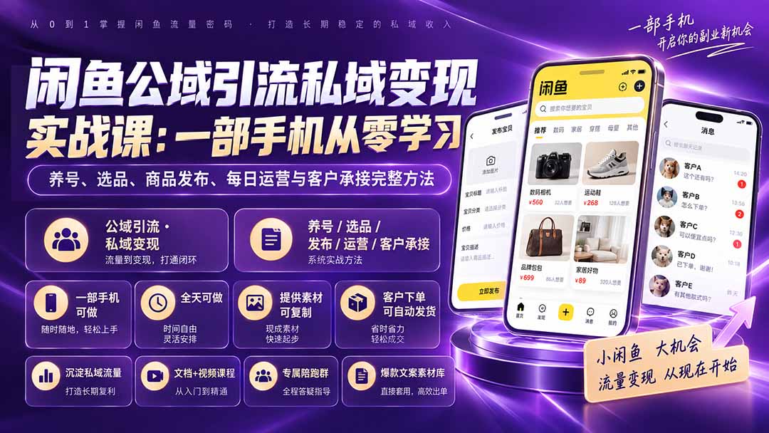 闲鱼公域引流私域变现实战课：一部手机从零学习养号、选品、商品发布、每日运营与客户承接完整方法采购|汽车产业|汽车配件|机加工企业家交流社群中心