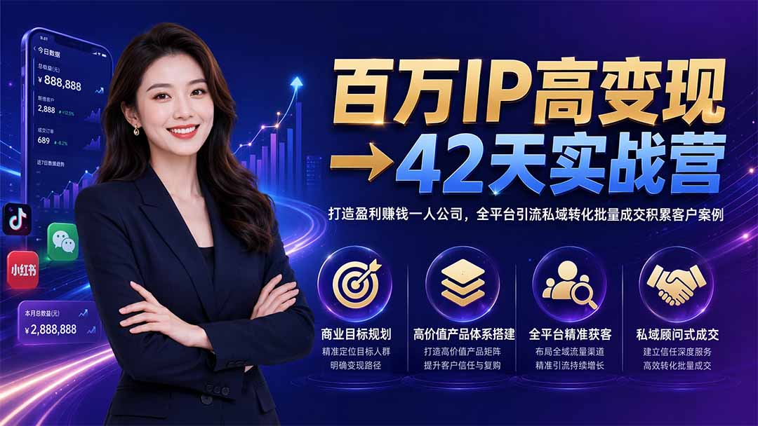 百万IP高变现→42天实战营｜打造盈利赚钱一人公司，全平台引流私域转化批量成交积累客户案例采购|汽车产业|汽车配件|机加工企业家交流社群中心