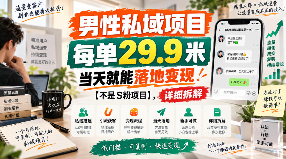 男性私域项目,每单29.9米,当天就能落地变现【不是S粉项目】,详细拆解采购|汽车产业|汽车配件|机加工企业家交流社群中心