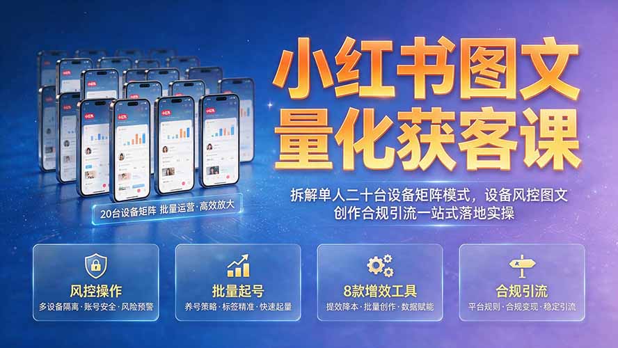 小红书图文量化获客课｜拆解单人二十台设备矩阵模式，设备风控图文创作合规引流一站式落地实操采购|汽车产业|汽车配件|机加工企业家交流社群中心