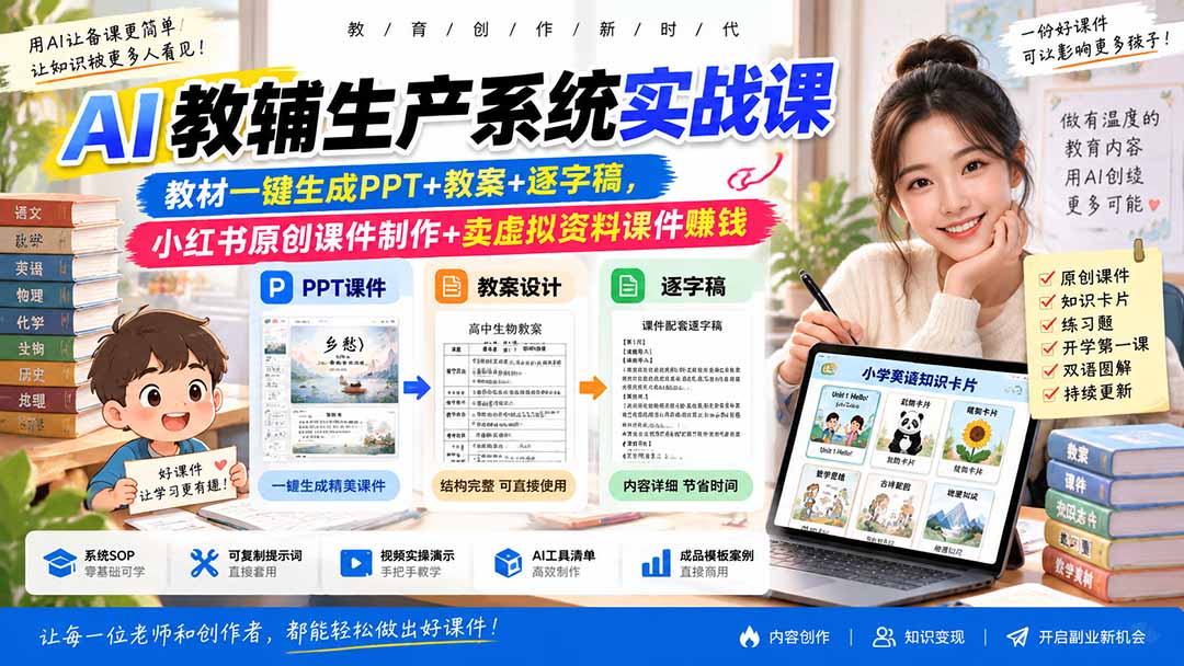 AI教辅生产系统实战课-更新0926｜教材一键生成PPT+教案+逐字稿，小红书原创课件制作+卖虚拟资料课件赚钱采购|汽车产业|汽车配件|机加工企业家交流社群中心