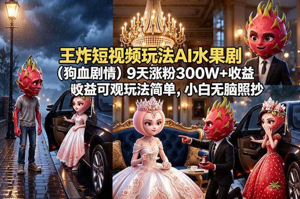 王炸短视频玩法AI水果剧(狗血剧情)9天涨粉300W+收益可观玩法简单，小白无脑照抄，详细拆解玩法采购|汽车产业|汽车配件|机加工企业家交流社群中心