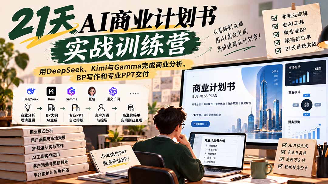 【无水印】21天AI商业计划书实战训练营：用DeepSeek、Kimi与Gamma完成商业分析、BP写作和专业PPT交付采购|汽车产业|汽车配件|机加工企业家交流社群中心