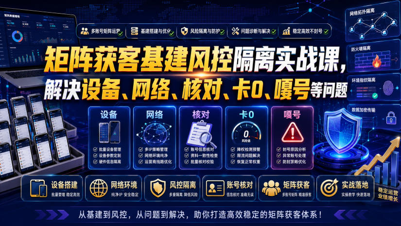 矩阵获客基建风控隔离实战课，解决设备、网络、核对、卡0、嘎号等问题采购|汽车产业|汽车配件|机加工企业家交流社群中心