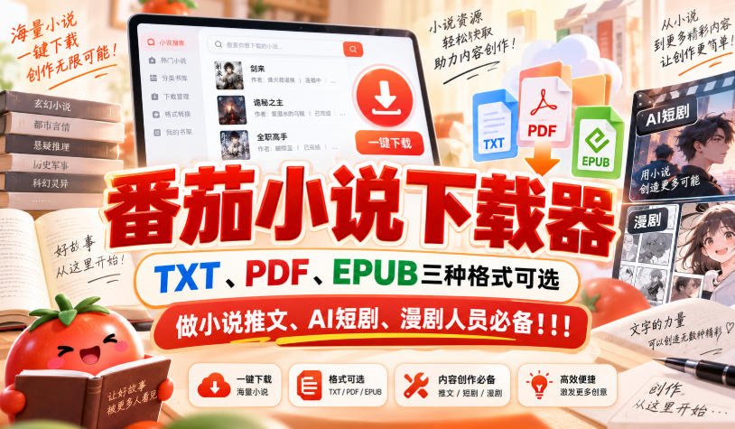 番茄小说下载器，TXT、PDF、EPUB三种格式可选，做小说推文、AI短剧、漫剧人员必备！！！采购|汽车产业|汽车配件|机加工企业家交流社群中心