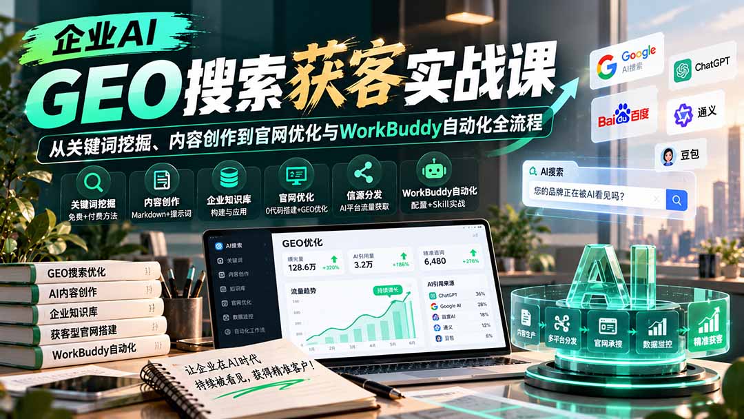 企业AI GEO搜索获客实战课：从关键词挖掘、内容创作到官网优化与WorkBuddy自动化全流程采购|汽车产业|汽车配件|机加工企业家交流社群中心