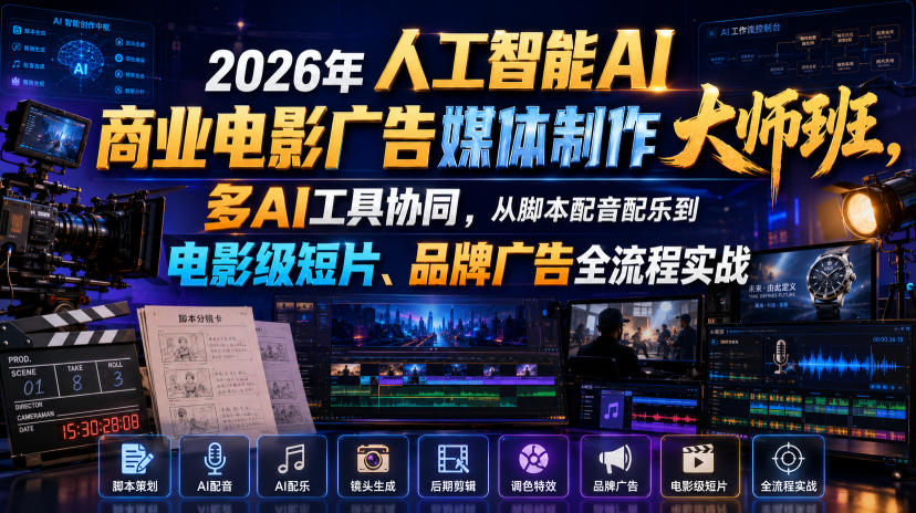 2026年人工智能AI商业电影广告媒体制作大师班，多AI工具协同，从脚本配音配乐到电影级短片、品牌广告全流程实战(中英字幕)采购|汽车产业|汽车配件|机加工企业家交流社群中心