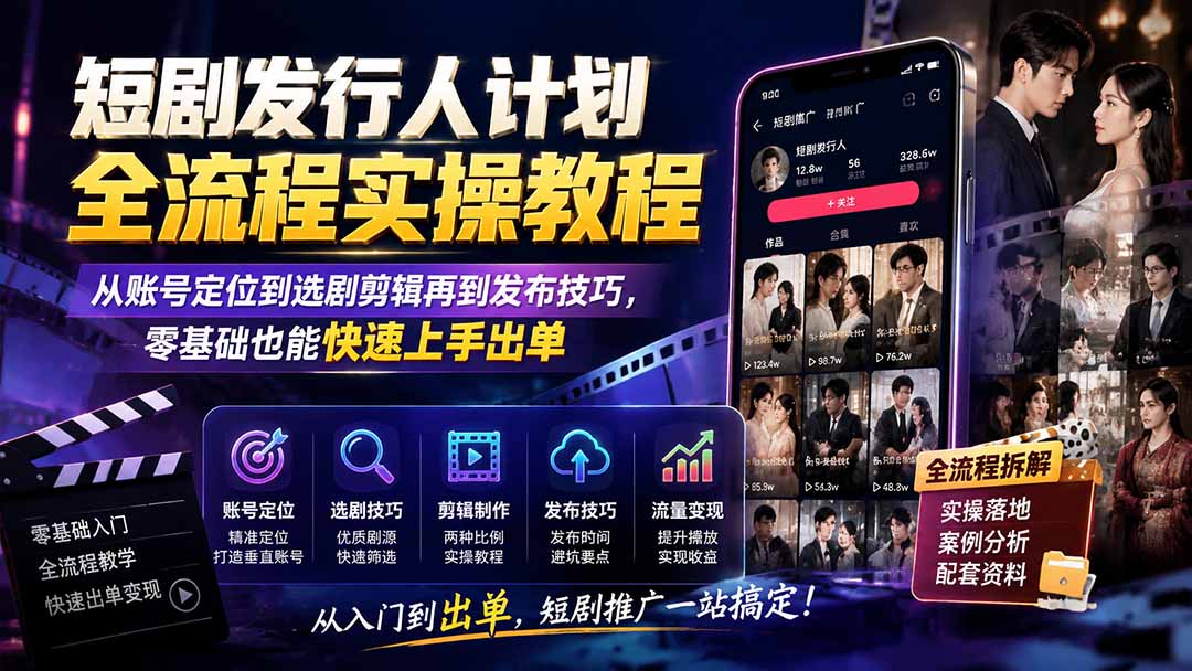 短剧发行人计划全流程实操教程；从账号定位到选剧剪辑再到发布技巧，零基础也能快速上手出单采购|汽车产业|汽车配件|机加工企业家交流社群中心