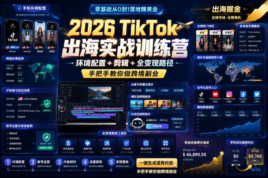 2026 TikTok出海实战训练营,环境配置 + 剪辑 + 全变现路径,手把手教你做跨境副业采购|汽车产业|汽车配件|机加工企业家交流社群中心