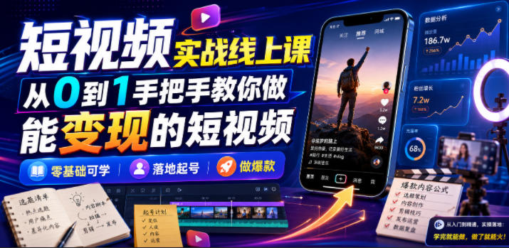 短视频实战线上课，从0到1手把手教你做能变现的短视频，零基础可学，落地起号做爆款采购|汽车产业|汽车配件|机加工企业家交流社群中心