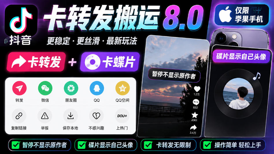 抖音卡转发搬运8.0，仅限苹果手机，卡转发+卡蝶片，暂停不显示原作者，碟片显示自己头像采购|汽车产业|汽车配件|机加工企业家交流社群中心