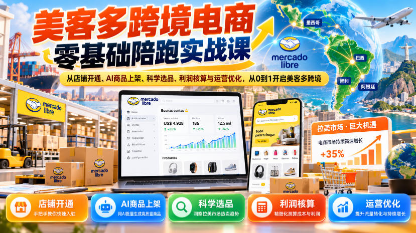 美客多跨境电商零基础陪跑实战课:从店铺开通、AI商品上架、科学选品、利润核算与运营优化,从0到1开启美客多跨境采购|汽车产业|汽车配件|机加工企业家交流社群中心