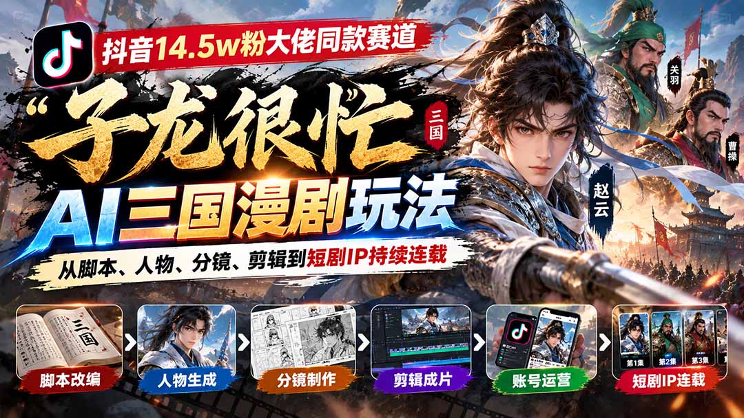 抖音14.5w粉大佬同款赛道「子龙很忙」AI三国漫剧玩法：从脚本、人物、分镜、剪辑到短剧IP持续连载采购|汽车产业|汽车配件|机加工企业家交流社群中心
