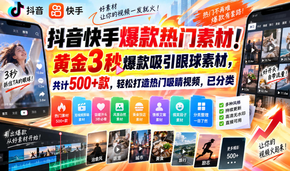 抖音快手爆款热门素材！黄金3秒爆款吸引眼球素材，共计500+款，轻松打造热门吸睛视频，已分类采购|汽车产业|汽车配件|机加工企业家交流社群中心