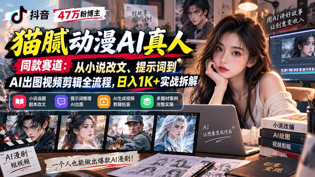 抖音47万粉博主猫腻动漫AI真人同款赛道：从小说改文、提示词到AI出图视频剪辑全流程，日入1K+实战拆解采购|汽车产业|汽车配件|机加工企业家交流社群中心