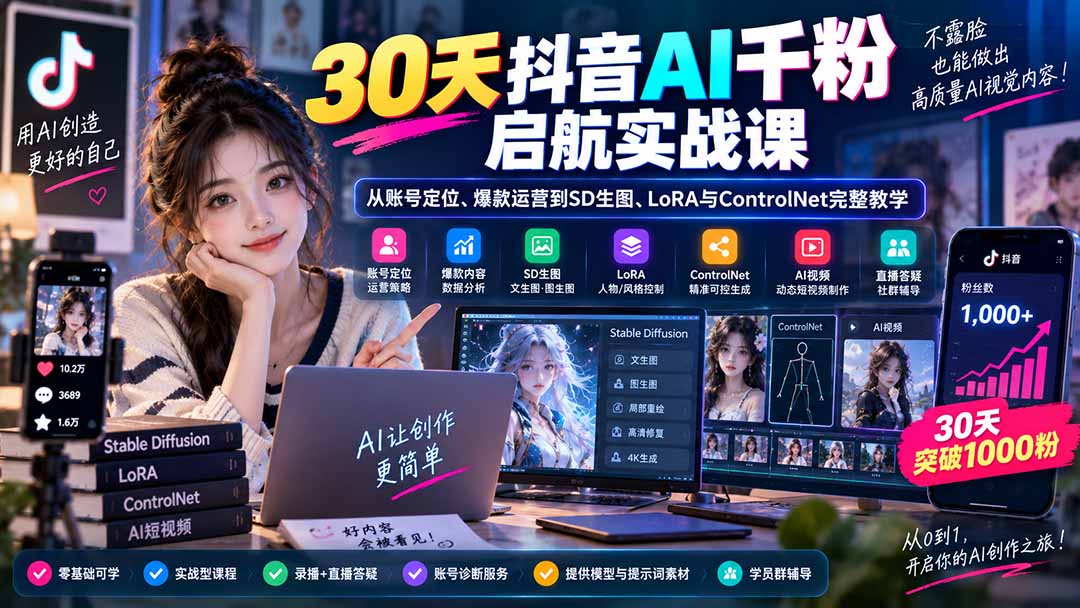 30天抖音AI千粉启航实战课:从账号定位、爆款运营到SD生图、LoRA与ControlNet完整教学采购|汽车产业|汽车配件|机加工企业家交流社群中心