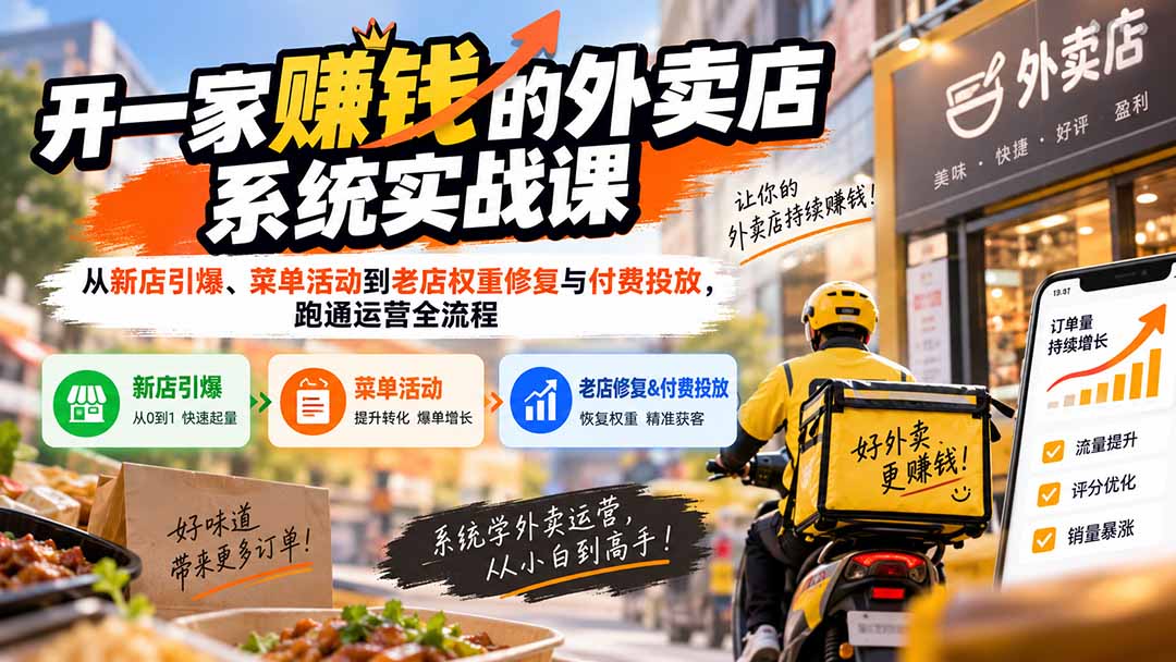 开一家赚钱的外卖店系统实战课：从新店引爆、菜单活动到老店权重修复与付费投放，跑通运营全流程采购|汽车产业|汽车配件|机加工企业家交流社群中心