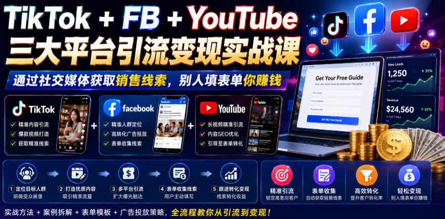TikTok+FB+YouTube三大平台引流变现实战课,通过社交媒体获取销售线索,别人填表单你賺钱【原创双语字幕】采购|汽车产业|汽车配件|机加工企业家交流社群中心