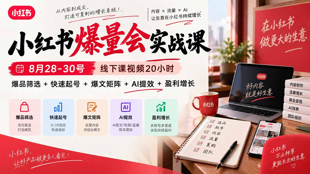 小红书爆量会实战课-更新9月17：线下课视频20小时，爆品筛选+快速起号+爆文矩阵+AI提效+盈利增长采购|汽车产业|汽车配件|机加工企业家交流社群中心