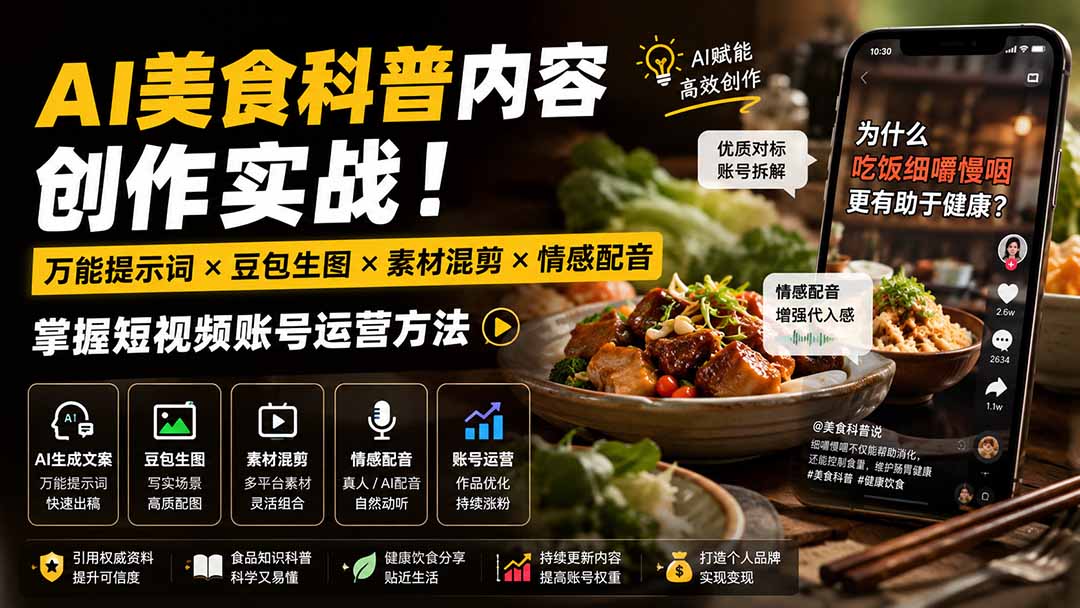 外面卖199元-AI美食科普内容创作实战！万能提示词×豆包生图×素材混剪×情感配音，掌握短视频账号运营方法采购|汽车产业|汽车配件|机加工企业家交流社群中心