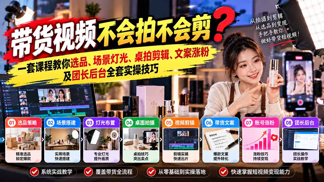 带货视频不会拍不会剪?一套课程教你选品、场景灯光、桌拍剪辑、文案涨粉及团长后台全套实操技巧 复制标题采购|汽车产业|汽车配件|机加工企业家交流社群中心