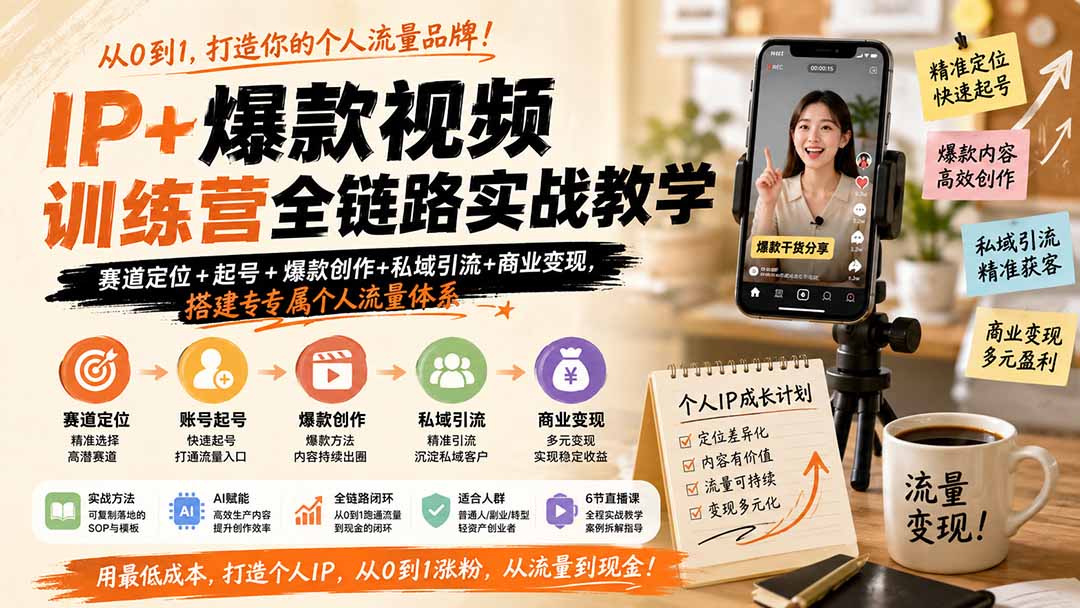 IP+爆款视频训练营全链路实战教学;赛道定位+起号+爆款创作+私域引流+商业变现,搭建专属个人流量体系采购|汽车产业|汽车配件|机加工企业家交流社群中心