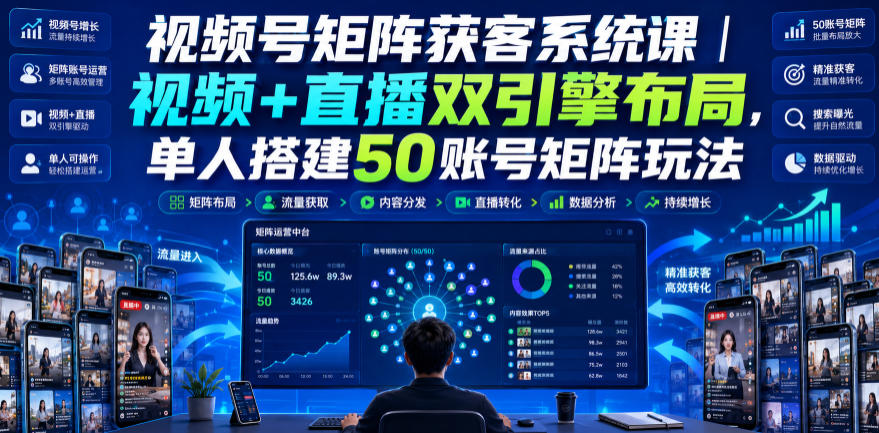 视频号矩阵获客系统课｜视频+直播双引擎布局，单人搭建50账号矩阵玩法，流量入池、搜索占位、全域引流沉淀私域全流程教学采购|汽车产业|汽车配件|机加工企业家交流社群中心