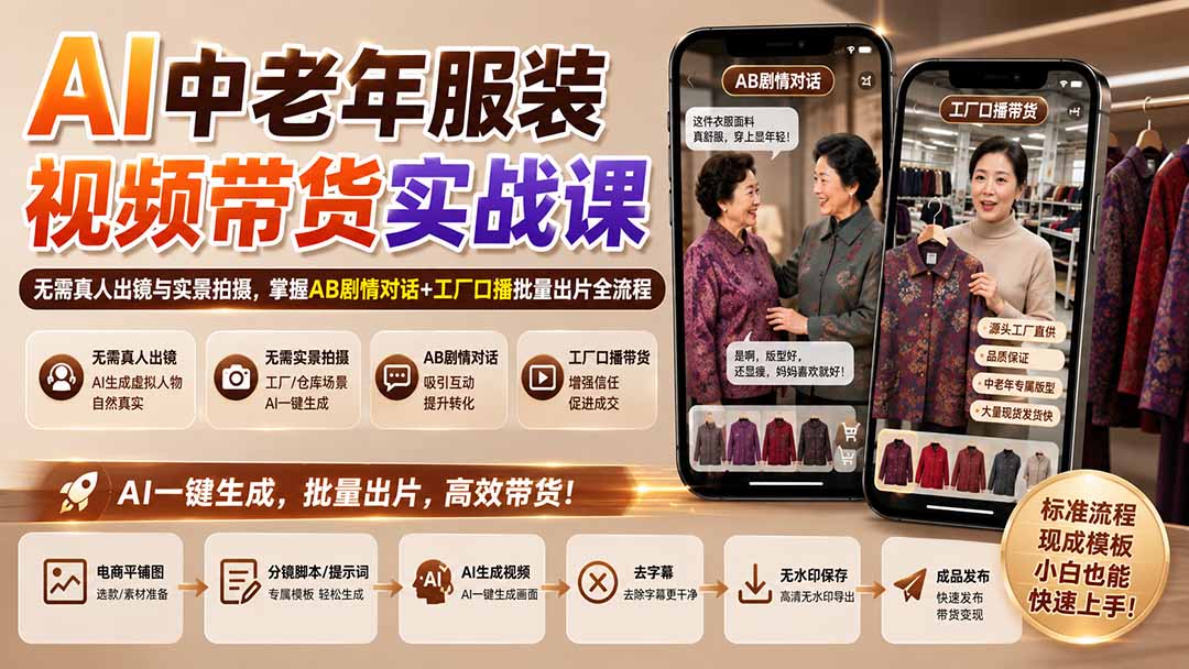 AI中老年服装视频带货实战课:无需真人出镜与实景拍摄,掌握AB剧情对话+工厂口播批量出片全流程采购|汽车产业|汽车配件|机加工企业家交流社群中心